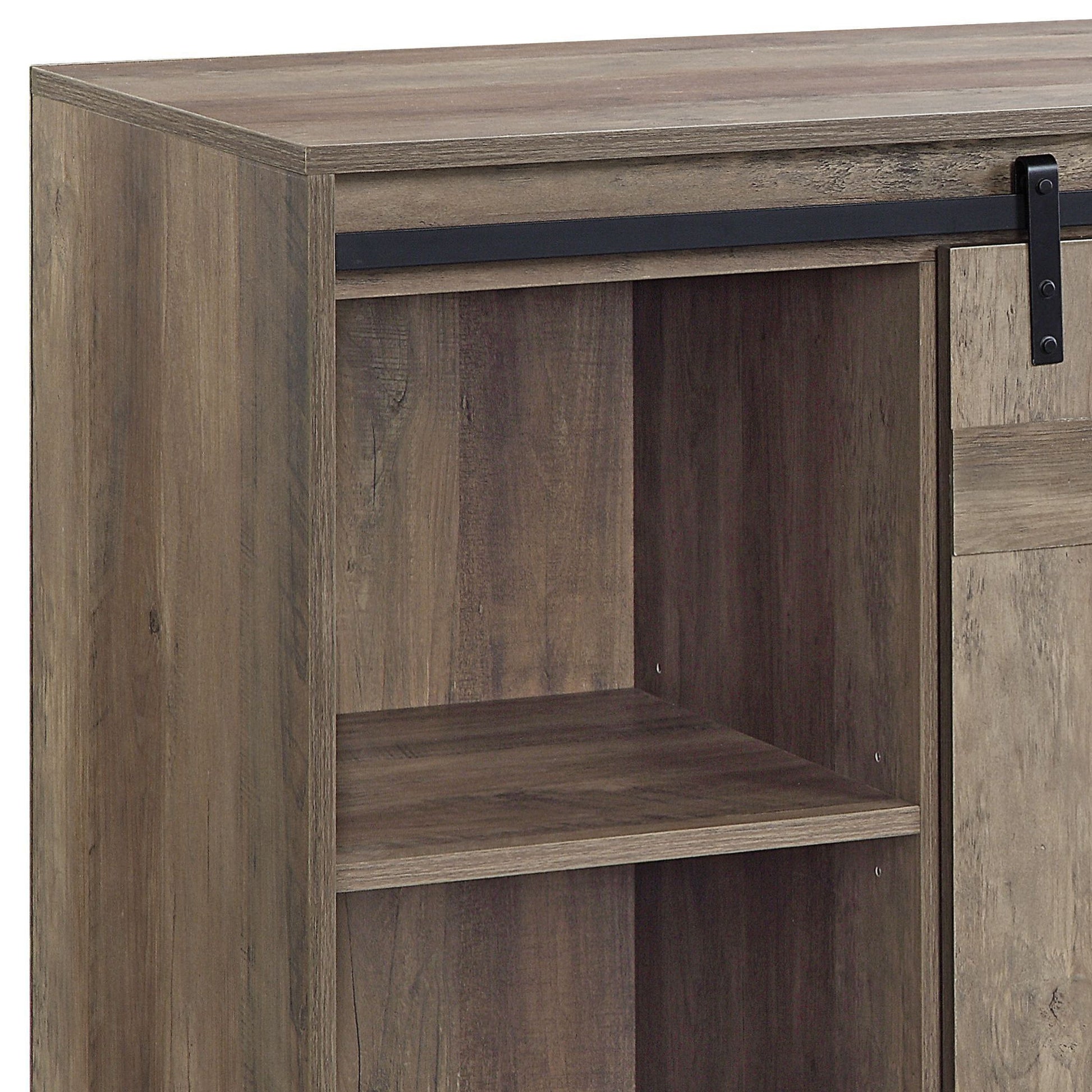 A close-up of the Bellarosa TV Stand with a rustic wooden finish, featuring two open shelves on the left and a sliding barn-style door with a black metal track on the right.