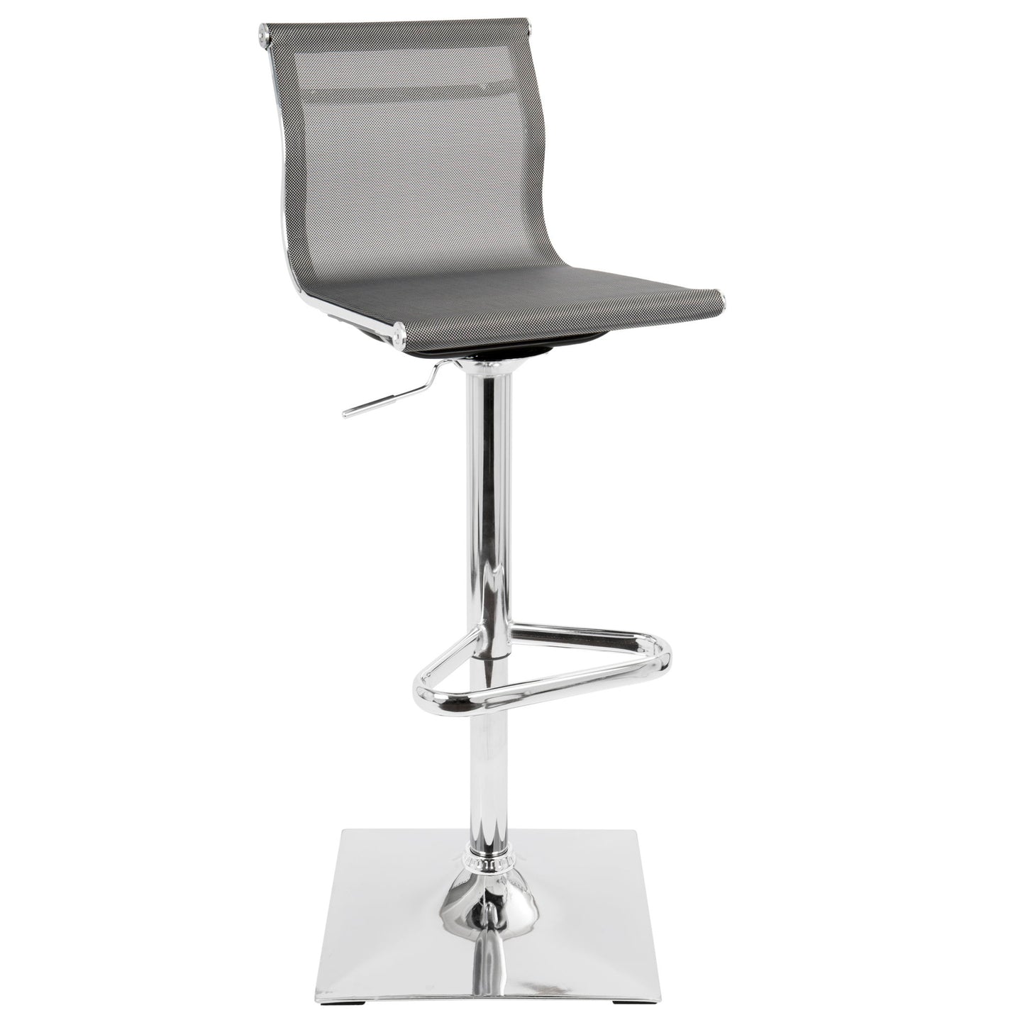 The Mirage barstool features a gray mesh seat and backrest, square chrome base, footrest, swivel function, and adjustable height lever for contemporary style.
