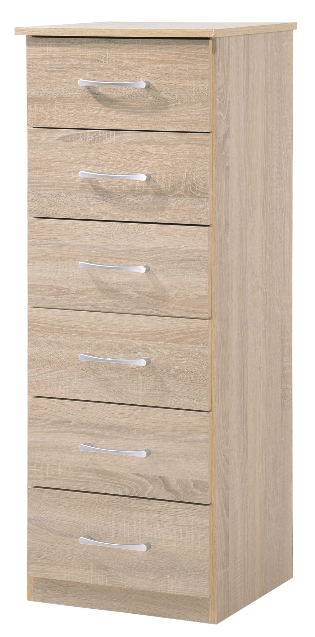 The Boston Lingerie Chest is a tall, light wood dresser with six drawers and silver handles, shown at an angle to reveal its front and right side. It features a smooth, natural wood grain finish.