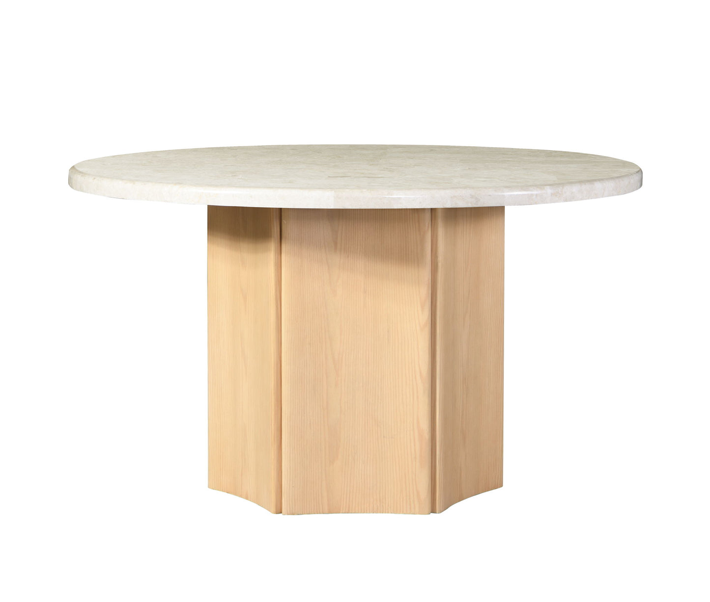 The Qwin - Marble Top Round Dining Table - Natural features a round, light marble top and a wide, sturdy wooden base with vertical panels.