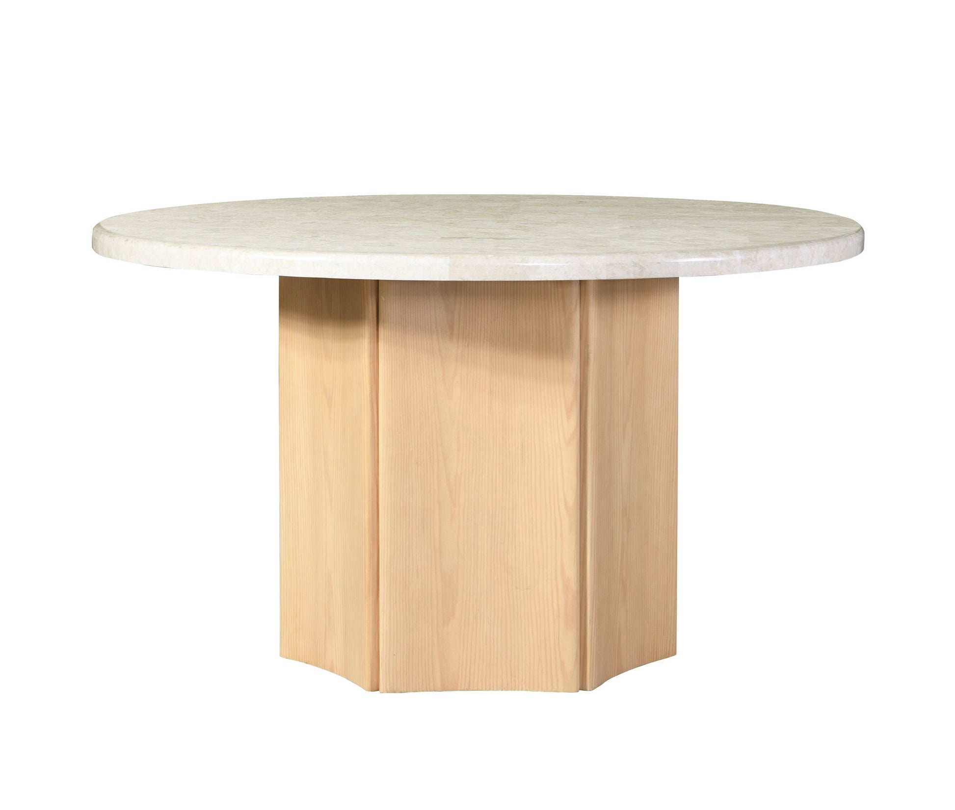 The Qwin - Marble Top Round Dining Table - Natural features a round, light marble top and a wide, sturdy wooden base with vertical panels.