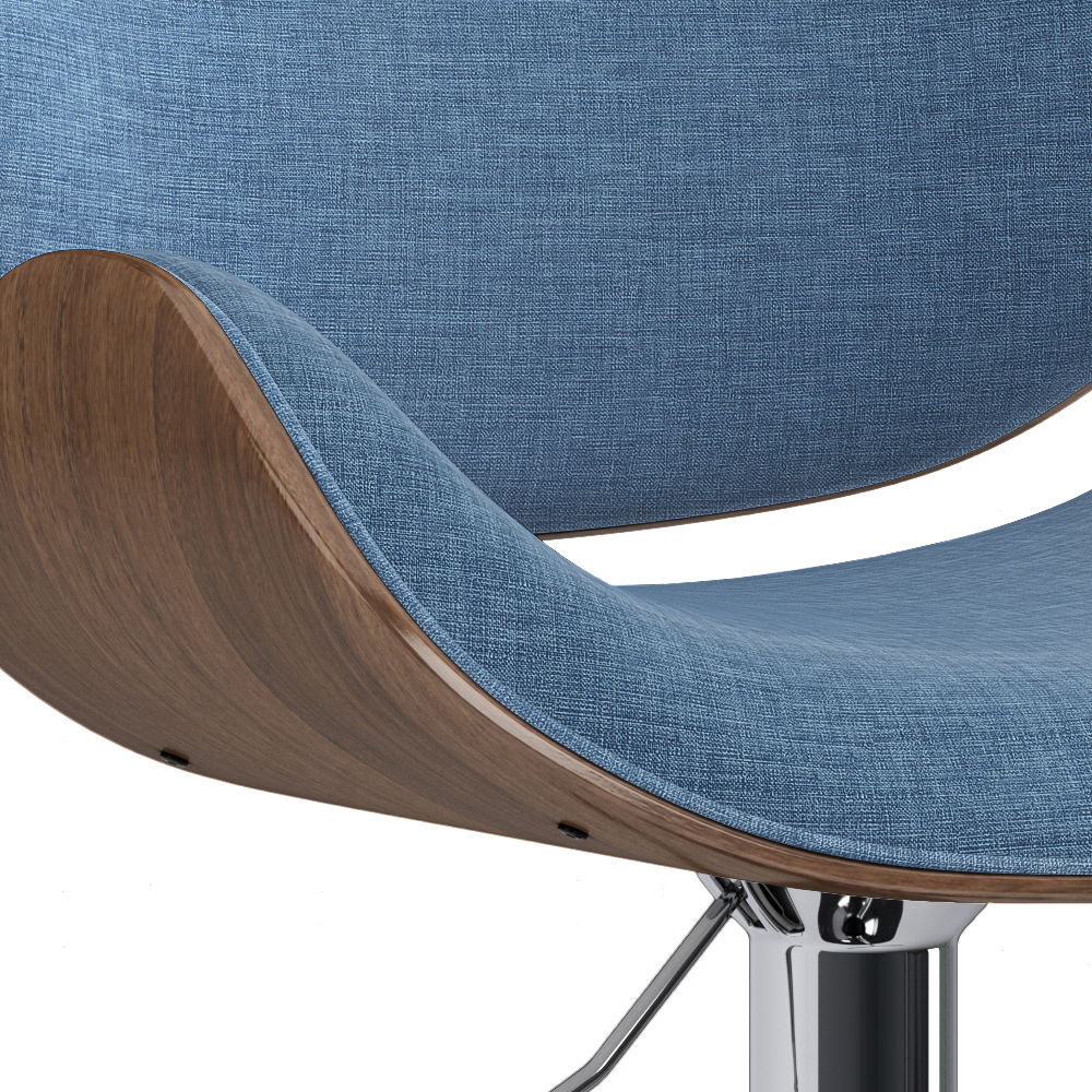 Close-up of the Marana Bentwood Adjustable Swivel Bar Stool featuring a curved wooden frame, blue linen upholstery, and a shiny chrome base.