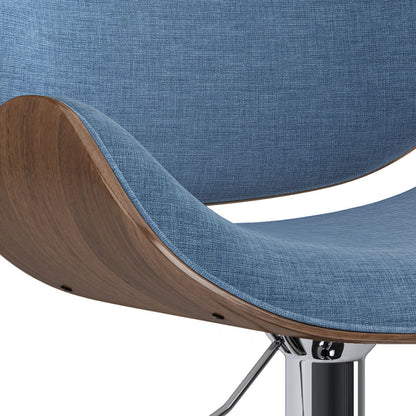 Close-up of the Marana Bentwood Adjustable Swivel Bar Stool featuring a curved wooden frame, blue linen upholstery, and a shiny chrome base.