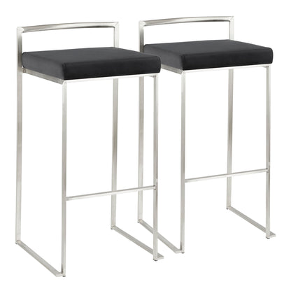 The Fuji Stackable Barstool features a sleek, contemporary design with slim silver metal frames, black square cushioned seats, simple backrests, and footrest bars—combining elegance and minimalism in every detail.