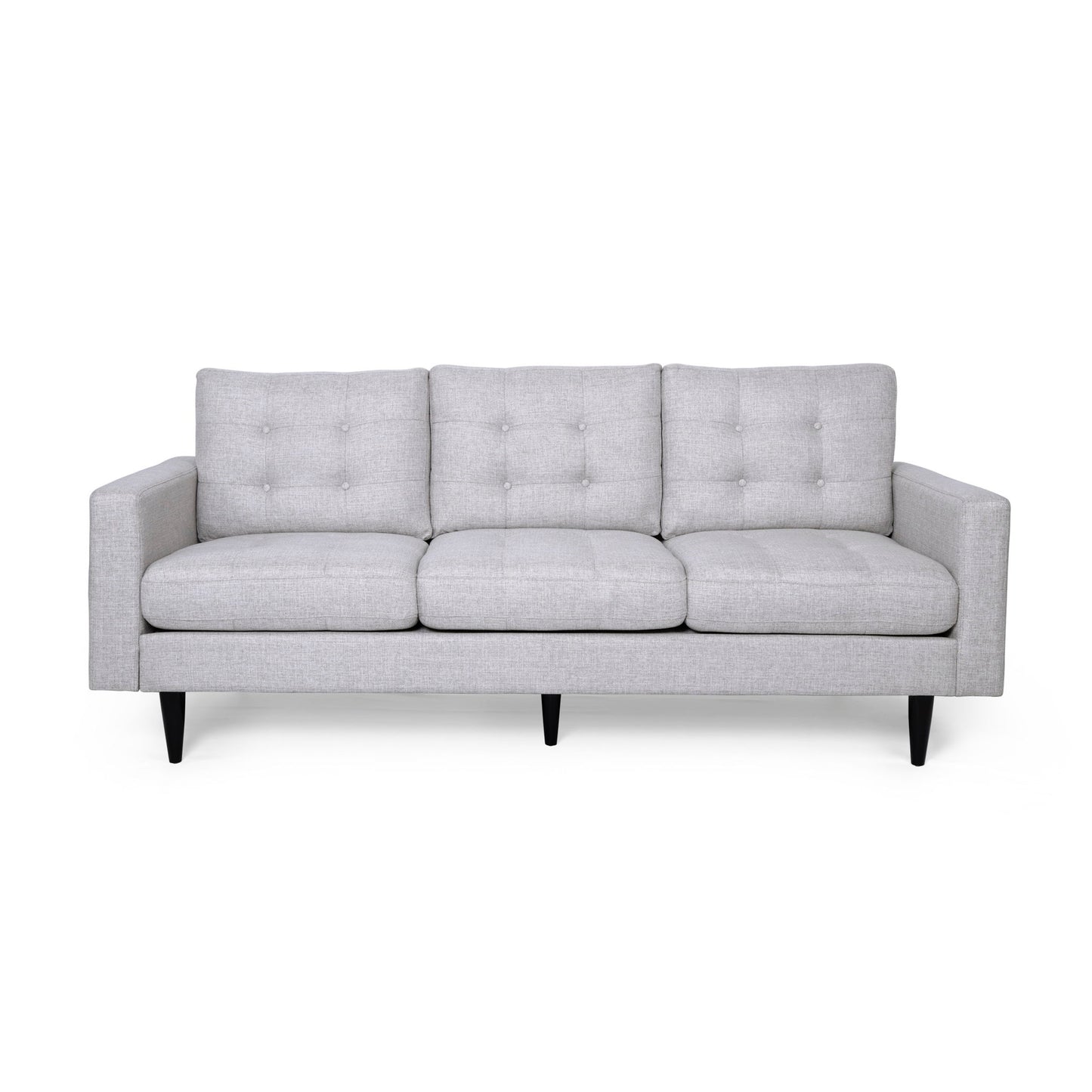 The Jenny Contemporary Tufted Fabric 3 Seater Sofa features a modern light gray design with button-tufted back cushions, square armrests, and slim black legs, shown against a plain white background.