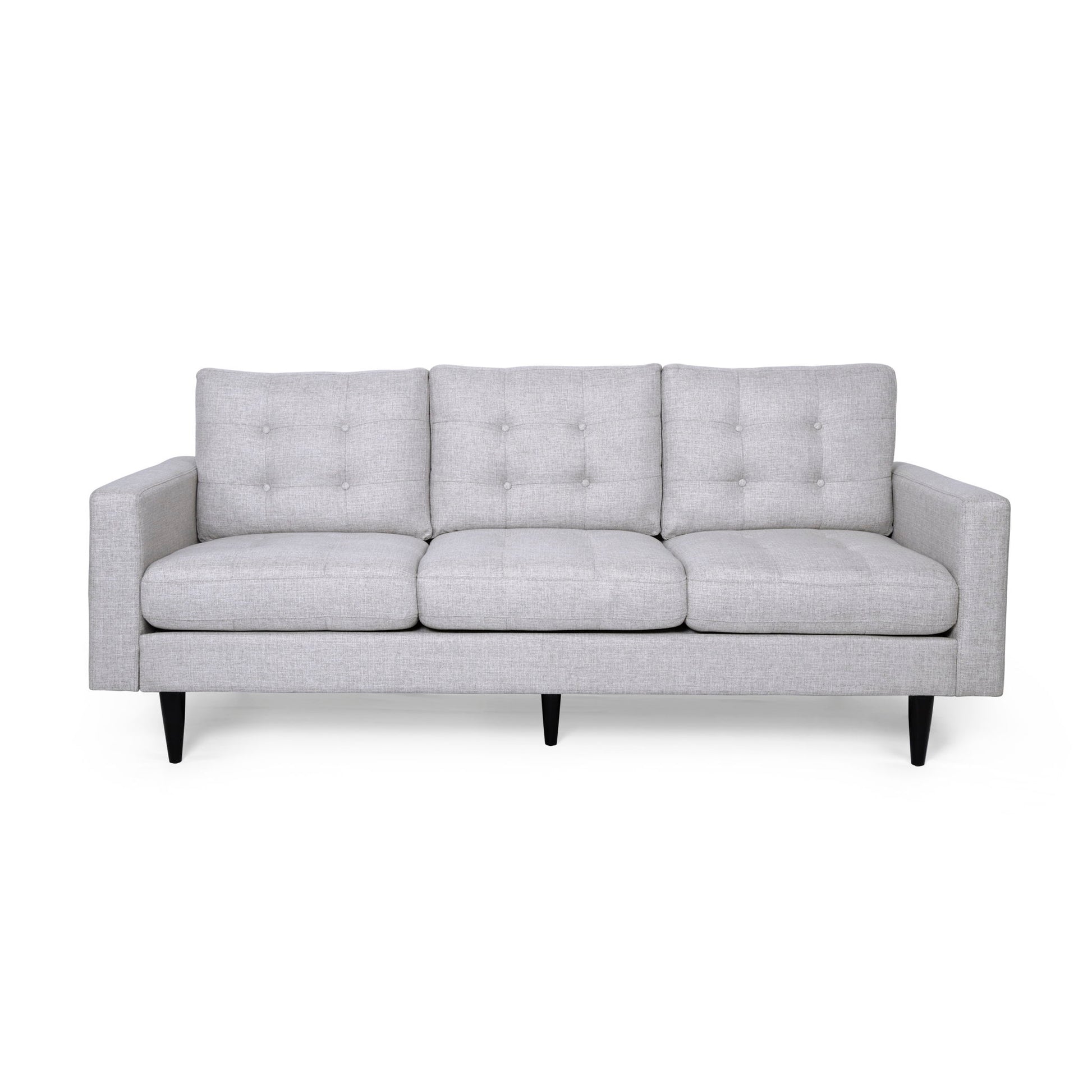 The Jenny Contemporary Tufted Fabric 3 Seater Sofa features a modern light gray design with button-tufted back cushions, square armrests, and slim black legs, shown against a plain white background.