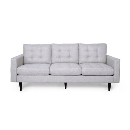 The Jenny Contemporary Tufted Fabric 3 Seater Sofa features a modern light gray design with button-tufted back cushions, square armrests, and slim black legs, shown against a plain white background.