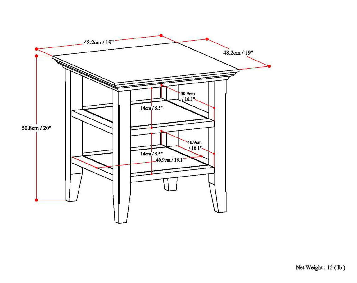 Line drawing of the Acadian - Handcrafted End Table, a square side table with two shelves. Dimensions: 48.2cm (19") W x 48.2cm (19") L x 50.8cm (20") H. Shelf spaces and lengths labeled. Net weight: 15 lb.