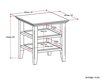 Line drawing of the Acadian - Handcrafted End Table, a square side table with two shelves. Dimensions: 48.2cm (19") W x 48.2cm (19") L x 50.8cm (20") H. Shelf spaces and lengths labeled. Net weight: 15 lb.