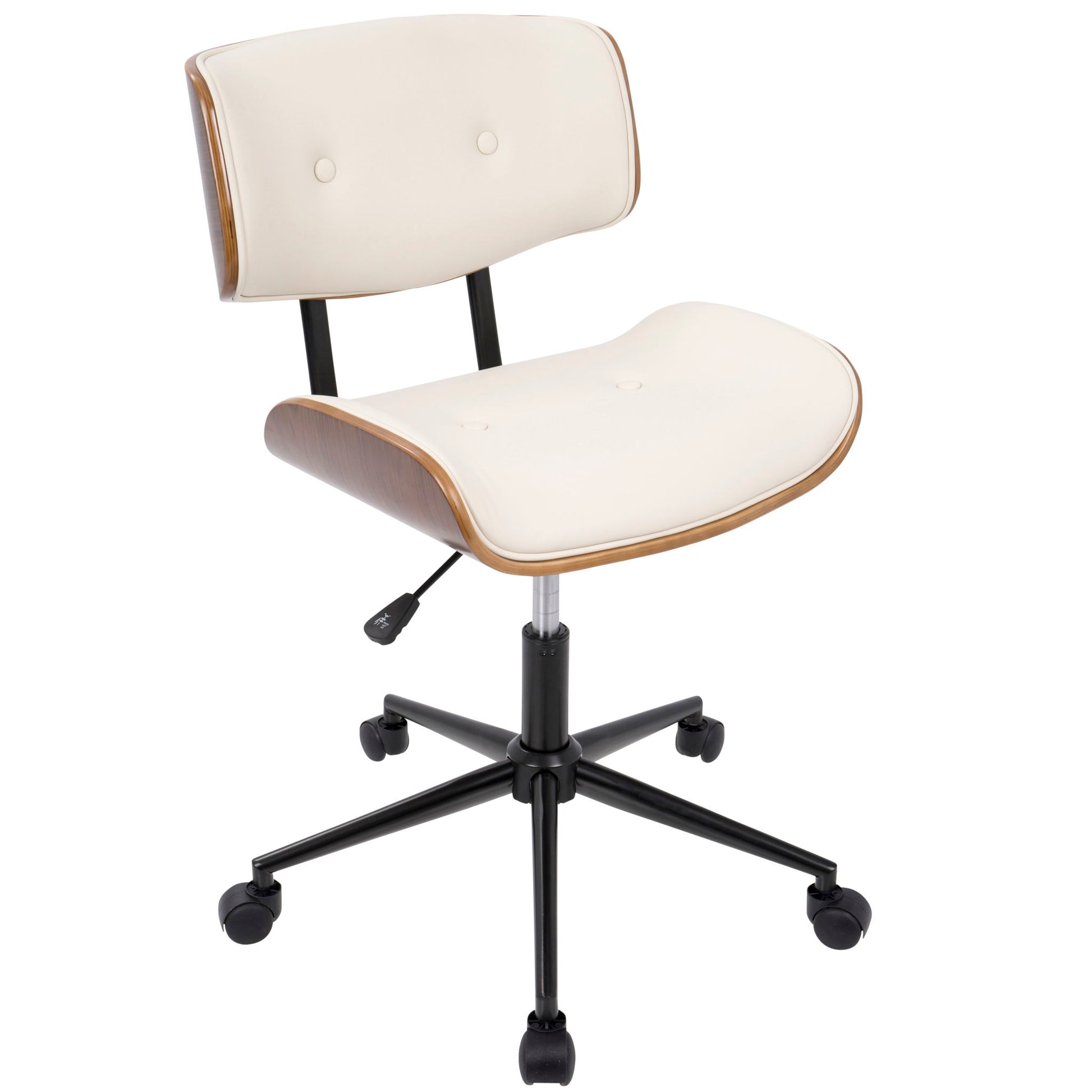 The Lombardi - Mid Century Modern Adjustable Office Chair features a cream cushioned seat and backrest, wooden edges, black metal base, five caster wheels, swivel function, and adjustable height lever.