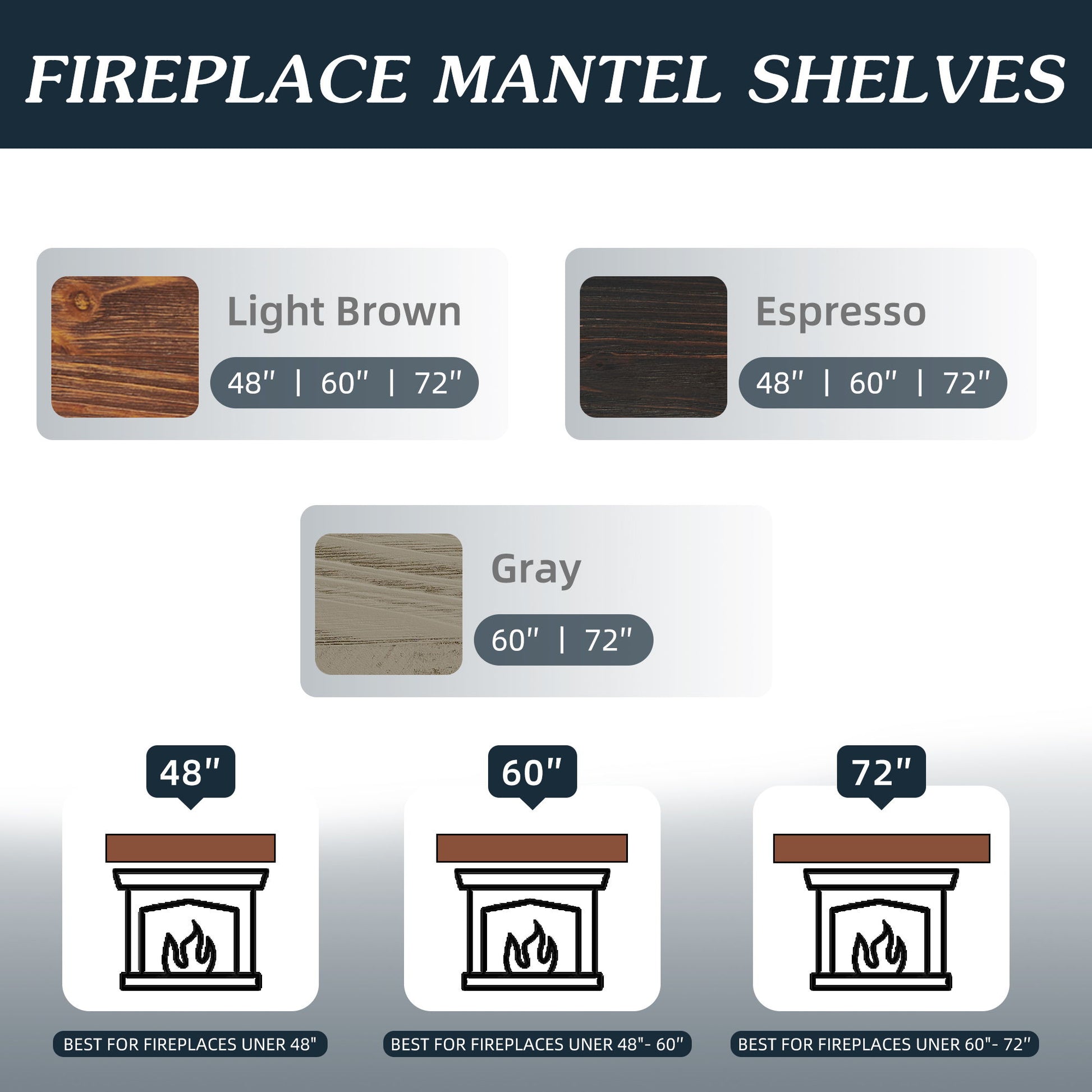 Infographic for Rustic Wood Fireplace Mantel, Wall-Mounted & Floating Shelf For Home Decor in light brown, espresso, or gray. Available in 48", 60", and 72" widths with labeled illustrations showing size and fireplace compatibility.