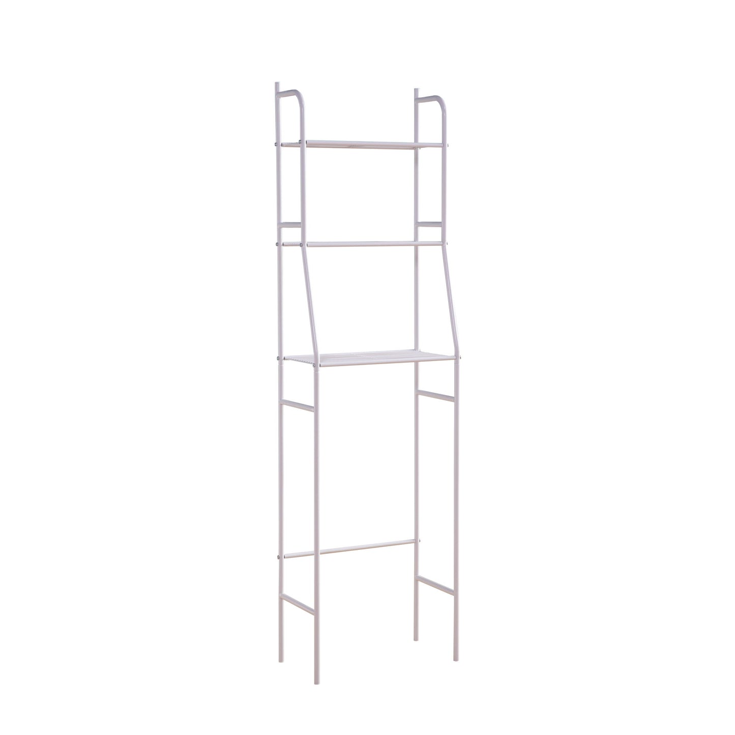 The Three Tier Over The Toilet Storage Shelf - Wood is a tall, freestanding unit with three shelves and an open bottom space, designed to fit conveniently over a toilet or similar fixture.