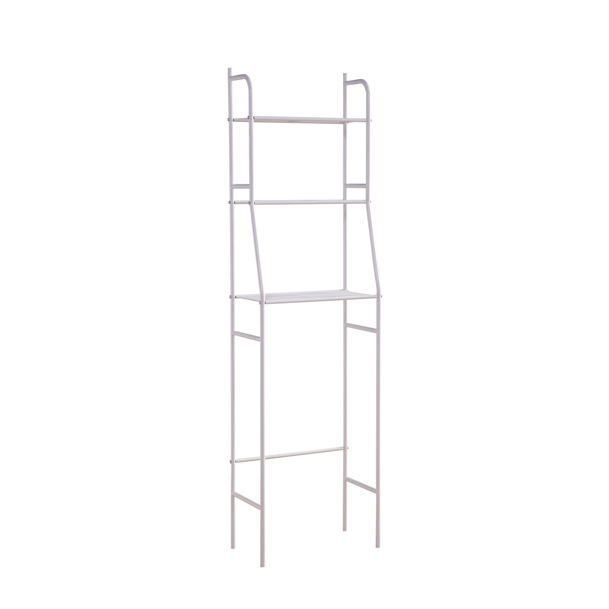 The Three Tier Over The Toilet Storage Shelf - Wood is a tall, freestanding unit with three shelves and an open bottom space, designed to fit conveniently over a toilet or similar fixture.
