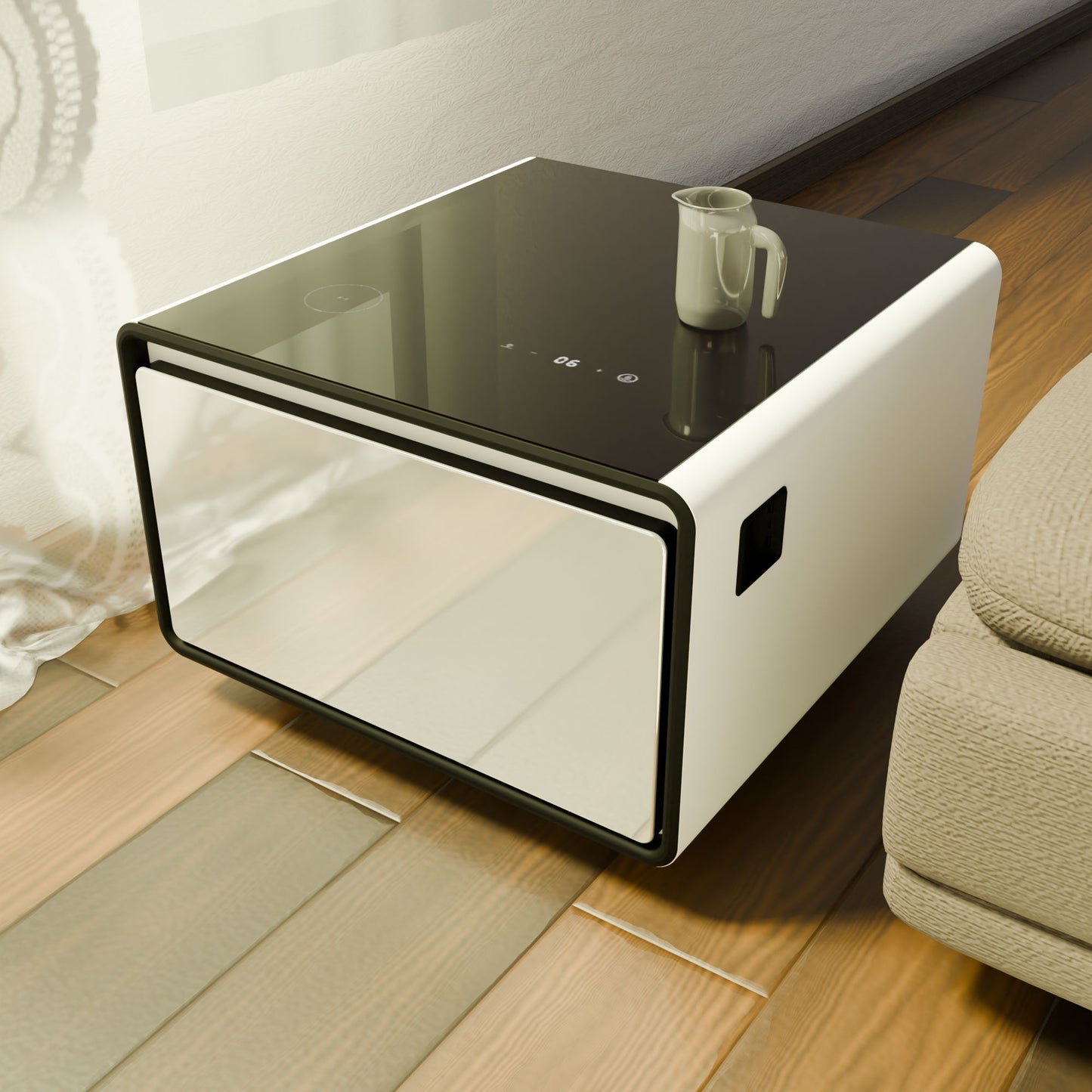 A Modern Smart Side Table with built-in fridge, wireless charging, temperature control, power socket, USB ports, outlet protection, and induction light sits by a sofa as a coffee table with sunlight streaming onto the wood floor.