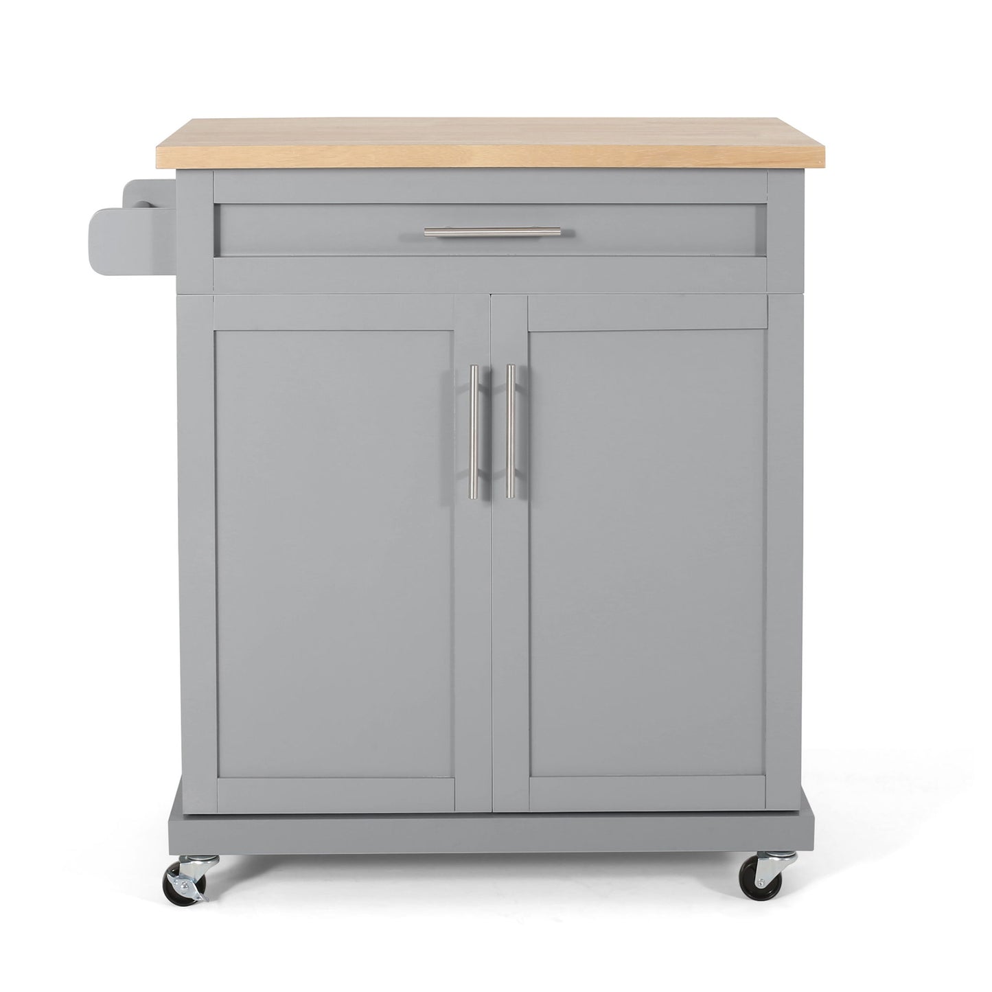 The Negley Contemporary Kitchen Cart with Wheels in gray features a light wood top, one drawer, a double-door cabinet, metal handles, a side towel rack, and four wheels for easy mobility.