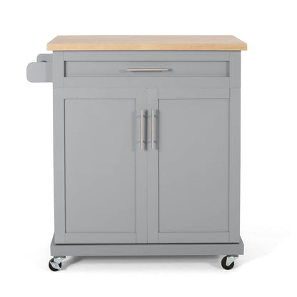 The Negley Contemporary Kitchen Cart with Wheels in gray features a light wood top, one drawer, a double-door cabinet, metal handles, a side towel rack, and four wheels for easy mobility.