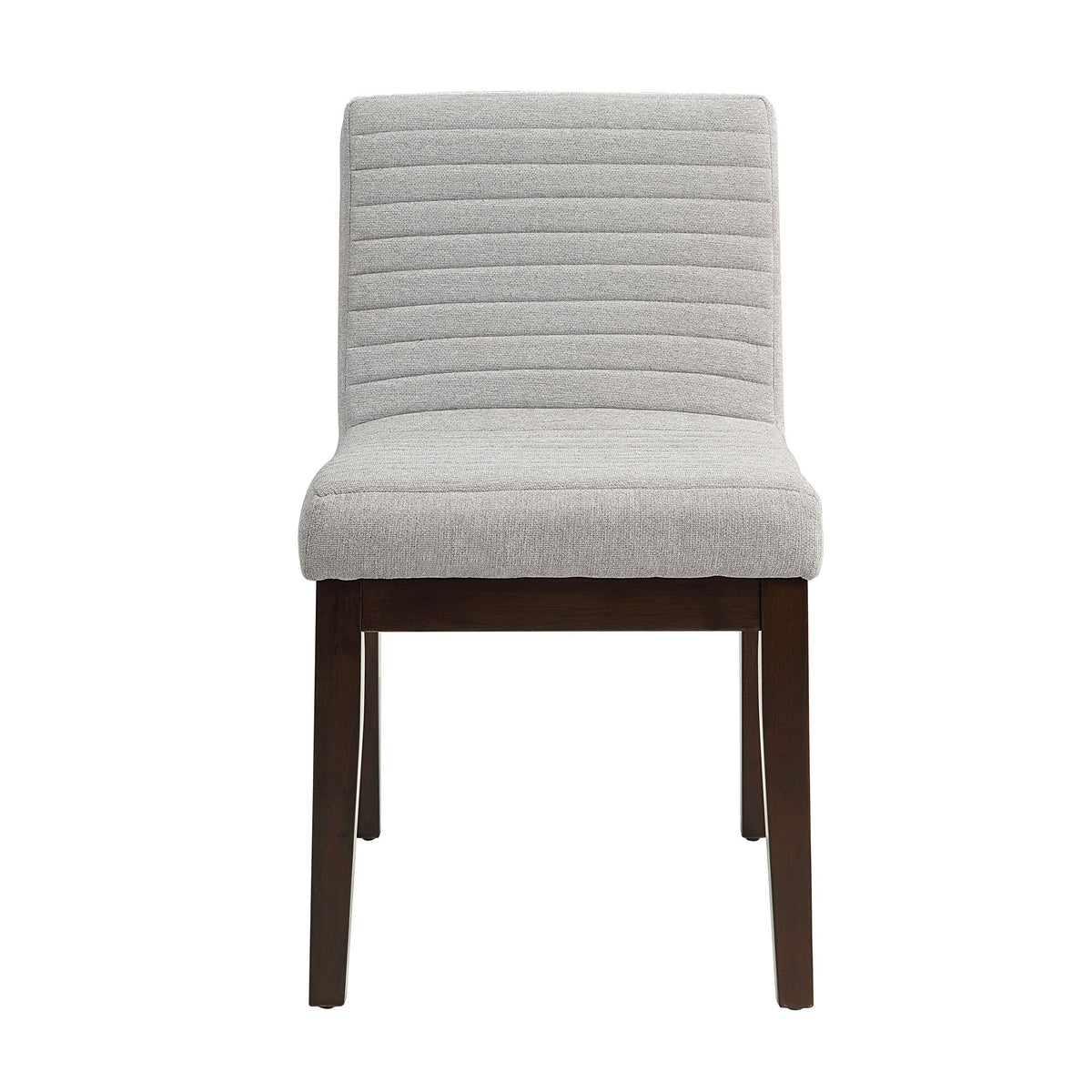 The Edwyn - Linen Side Chair (Set of 2) in gray features a modern design with a light gray cushioned seat and backrest with horizontal stitching, plus four dark wooden legs, shown front-facing on a white background.