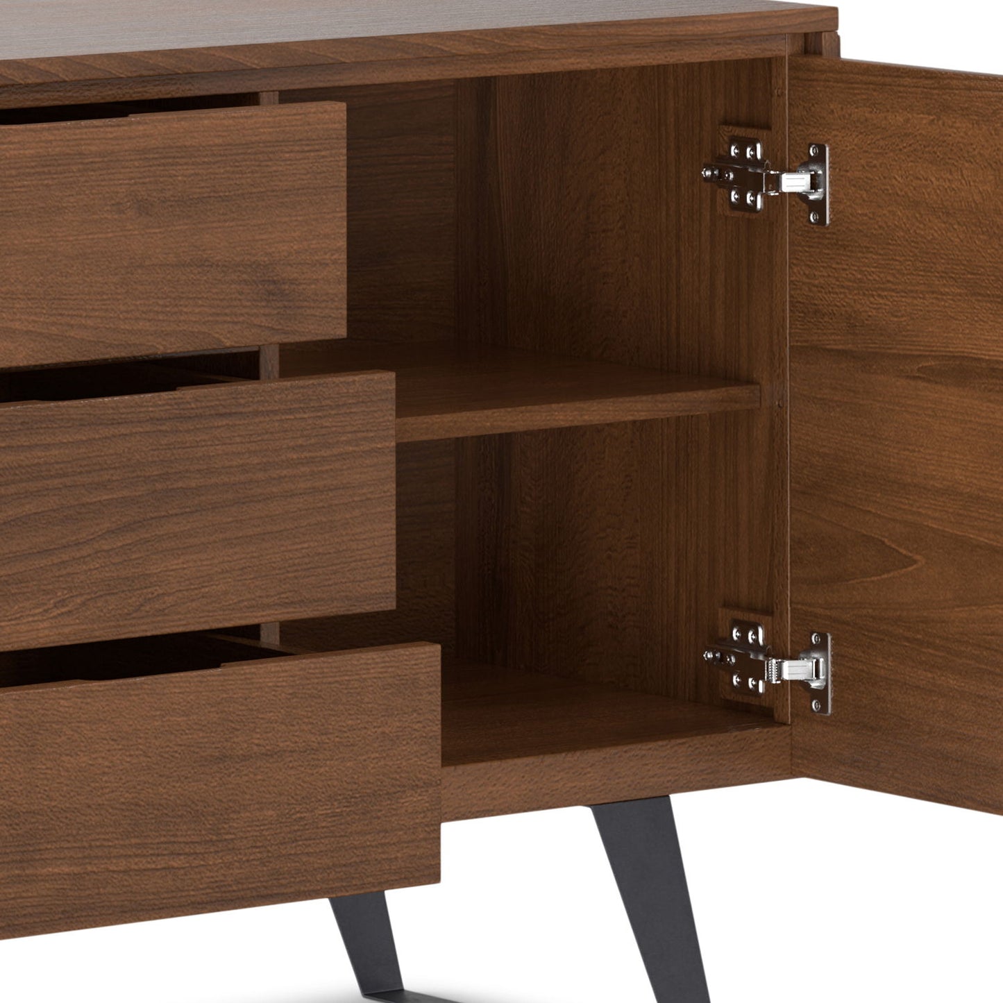 A close-up of the Lowry - Handcrafted Sideboard Buffet shows three partially open drawers and a right-side door revealing an interior shelf, all standing on black, angled legs.