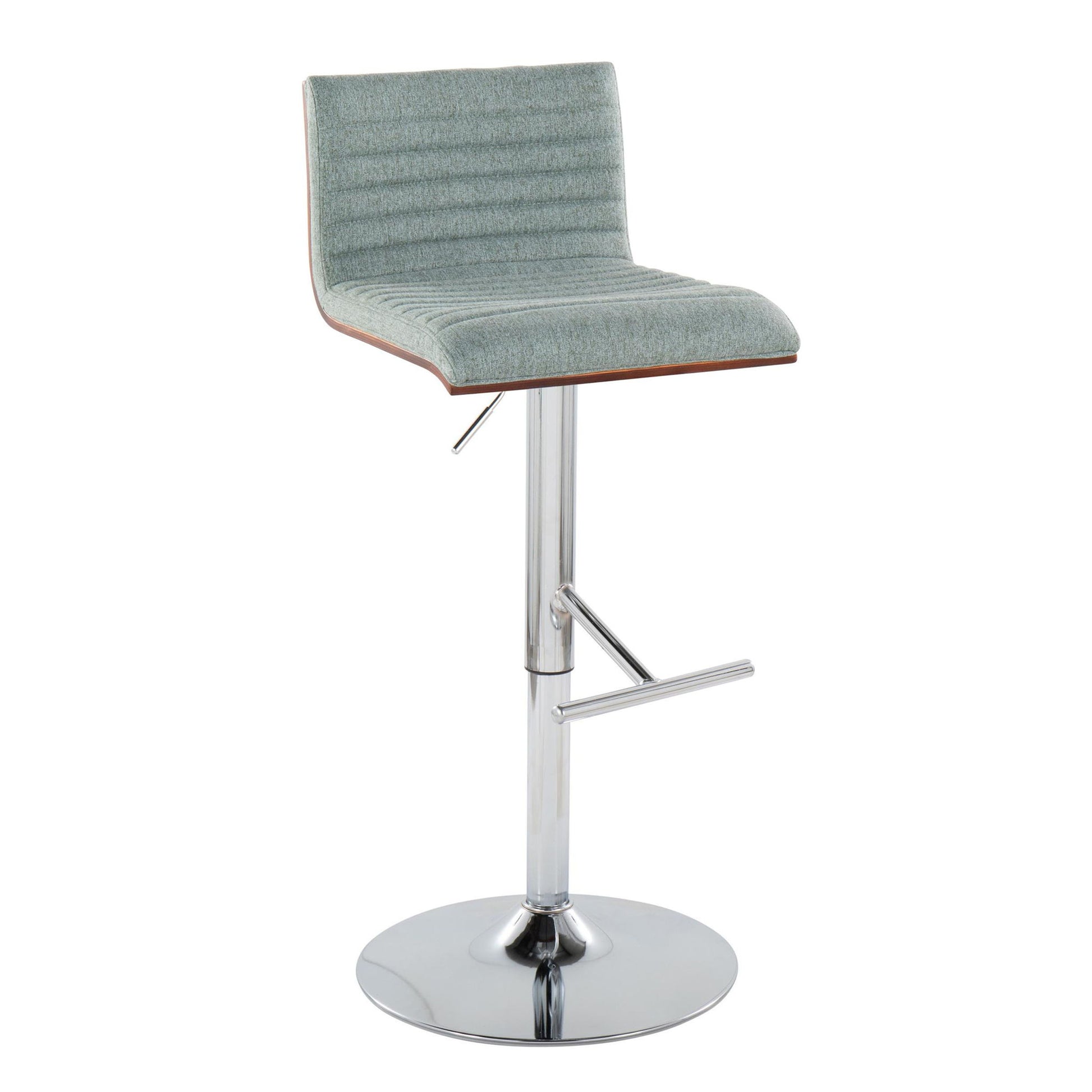The Mason Contemporary Adjustable Barstool set features padded light gray fabric seats, low backrests, chrome pedestal bases, and straight T footrests. Includes swivel function and comes in a set of 2.