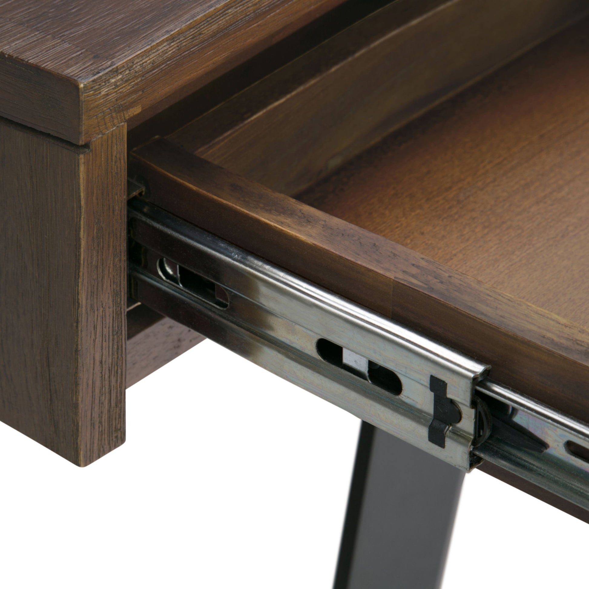 Close-up of the Lowry - Handcrafted Desk, featuring a partially opened wooden drawer with visible metal sliding rails and mechanisms attached inside.