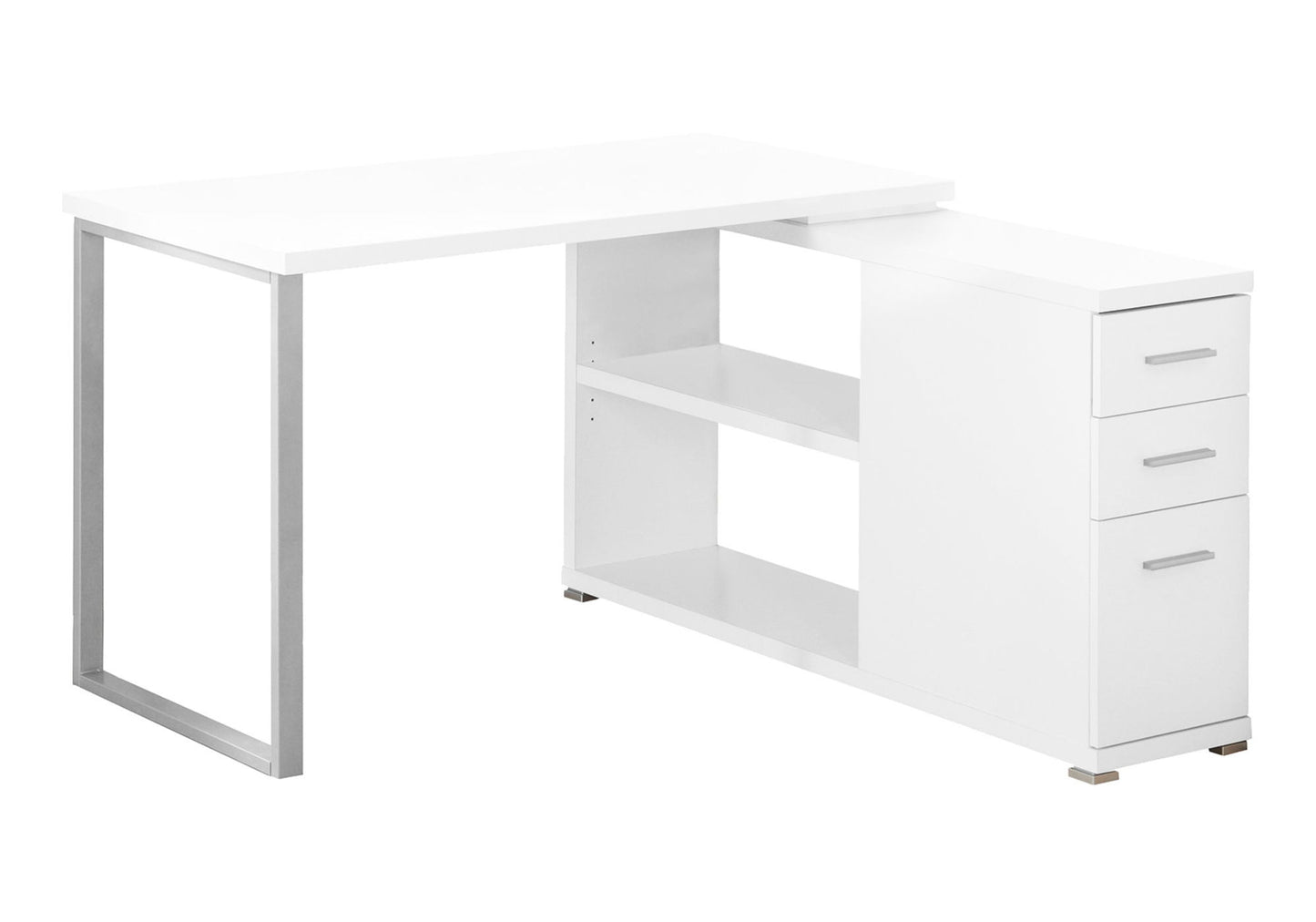 A contemporary white L-shaped computer desk with metal legs, two open shelves, and three storage drawers—perfect for a modern home office or corner setup.