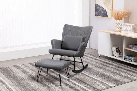 The Rocking Accent Chair With Lumbar Pillow And Ottoman in modern gray sits on a patterned rug in a bright, minimalist room with white walls, decor, side shelf, and a large window with sheer curtains.
