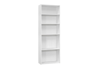 A tall, white, 6-tier transitional bookshelf for office use stands alone against a plain white background.