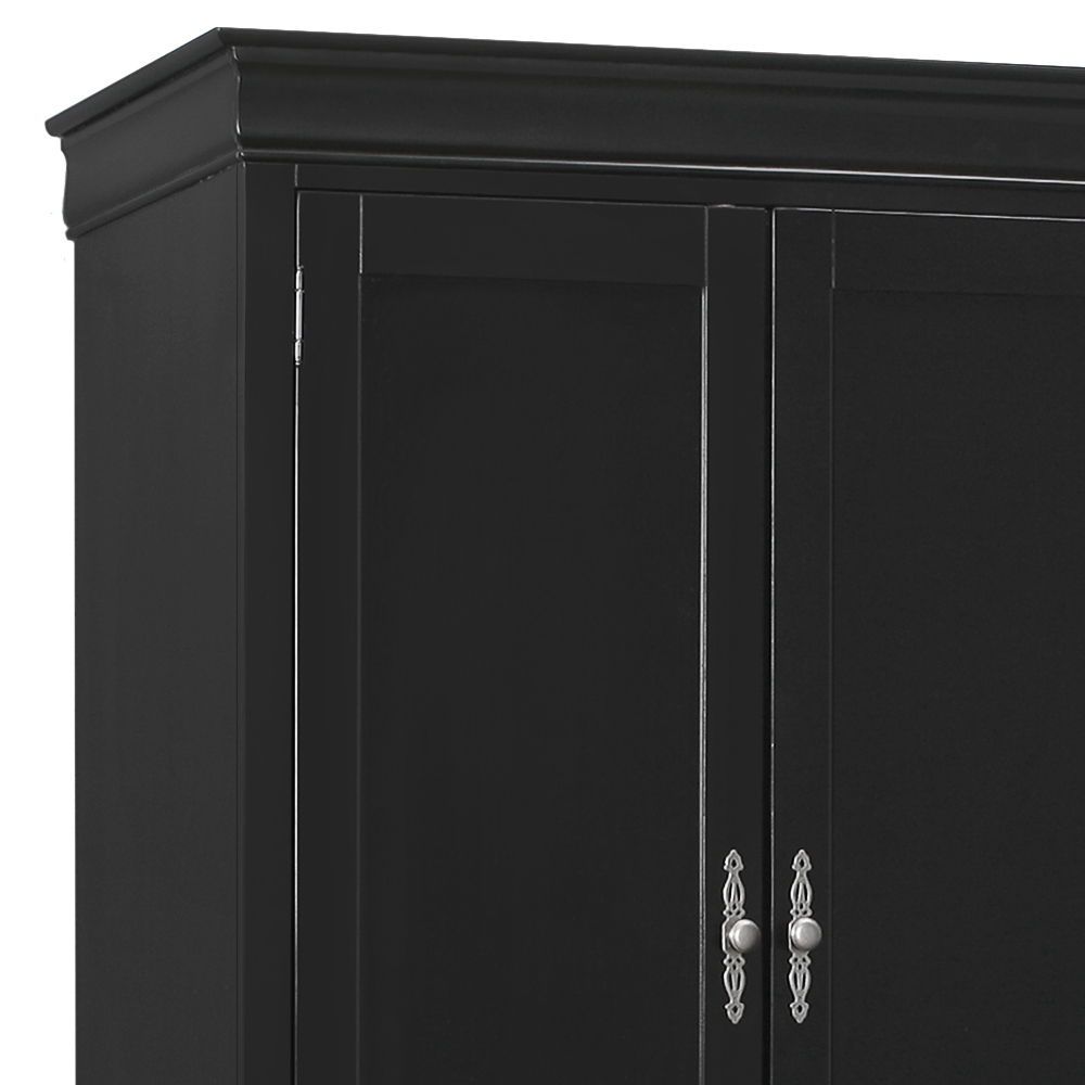 Close-up of the top section of the Elegant Traditional Armoire in black, showcasing crown molding and two doors with silver decorative handles.