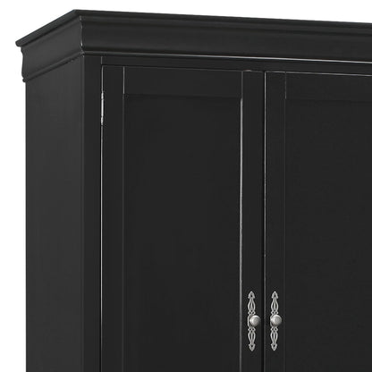 Close-up of the top section of the Elegant Traditional Armoire in black, showcasing crown molding and two doors with silver decorative handles.