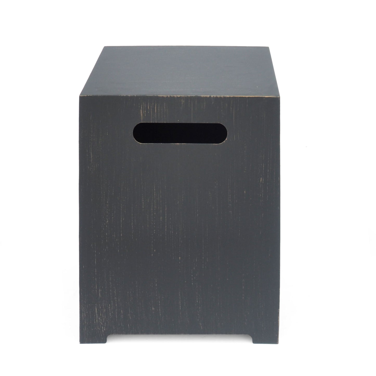 The Modern Tank Holder Side Table features a black, square wooden design with a rectangular cutout handle, powder coated frame, and a simple modern look with a lightly textured surface, shown against a white background.