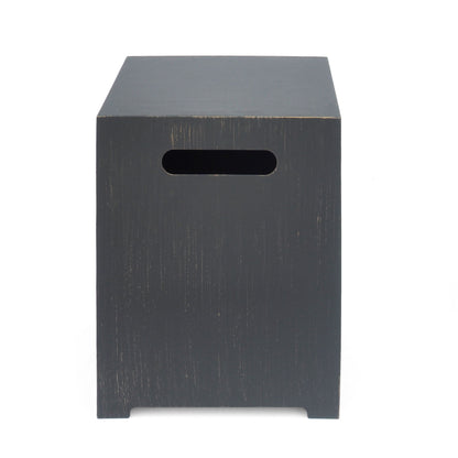 The Modern Tank Holder Side Table features a black, square wooden design with a rectangular cutout handle, powder coated frame, and a simple modern look with a lightly textured surface, shown against a white background.