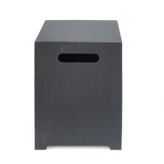 The Modern Tank Holder Side Table features a black, square wooden design with a rectangular cutout handle, powder coated frame, and a simple modern look with a lightly textured surface, shown against a white background.