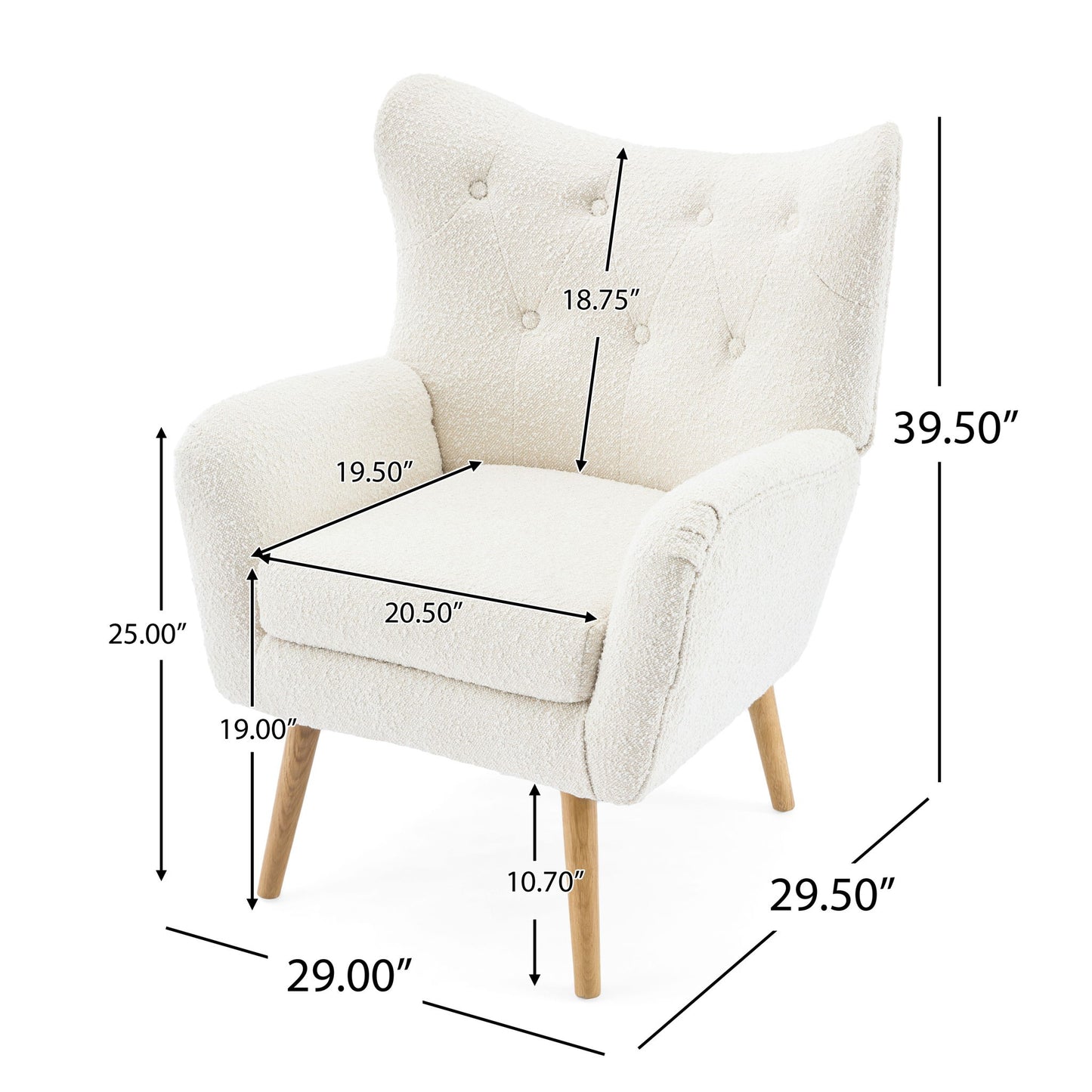 Mid-Century Modern Arm Chair with wingback design and wood legs; measurements: 39.5"H x 29.5"D x 29"W, seat height 19", arm height 25", seat depth 19.5", seat width 20.5", under-seat clearance 10.7".