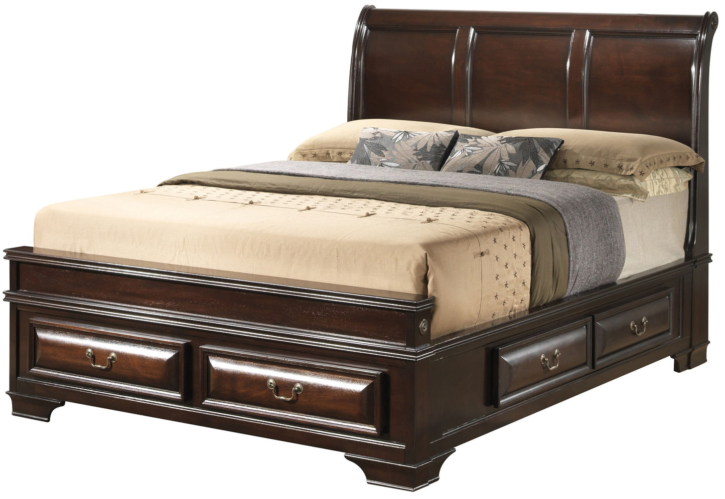 The LaVita Storage Bed features dark wood, a high headboard, built-in storage drawers, and comes with beige and gray bedding plus multiple pillows.