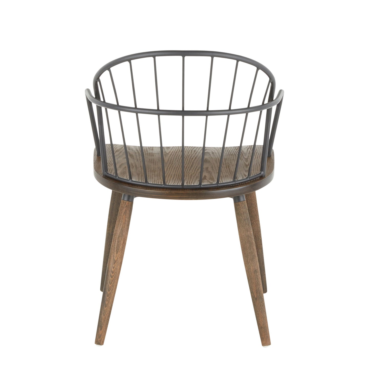 The Riley - Farmhouse Office Chair features a round wooden seat, four angled legs, and a semi-circular backrest made of evenly spaced vertical metal rods.