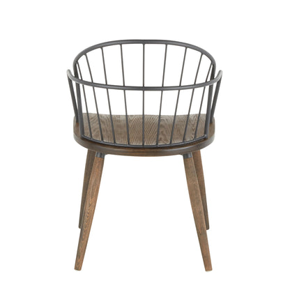 The Riley - Farmhouse Office Chair features a round wooden seat, four angled legs, and a semi-circular backrest made of evenly spaced vertical metal rods.