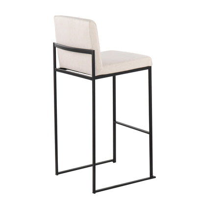 The Fuji - Contemporary High Back Barstool features a beige upholstered seat and backrest, sleek black metal frame with footrest, and a minimalist, elegant design with clean lines for a modern look.