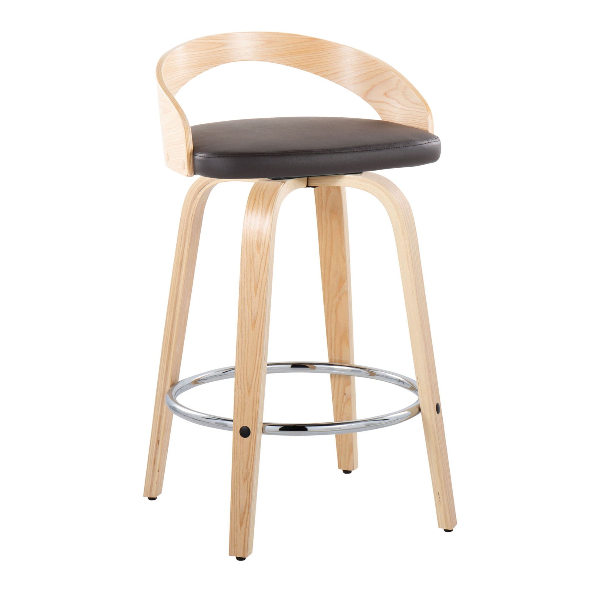 The Grotto set includes two contemporary fixed-height counter stools with swivel, curved backrests, padded dark brown seats, four light wood legs, and round chrome footrests.