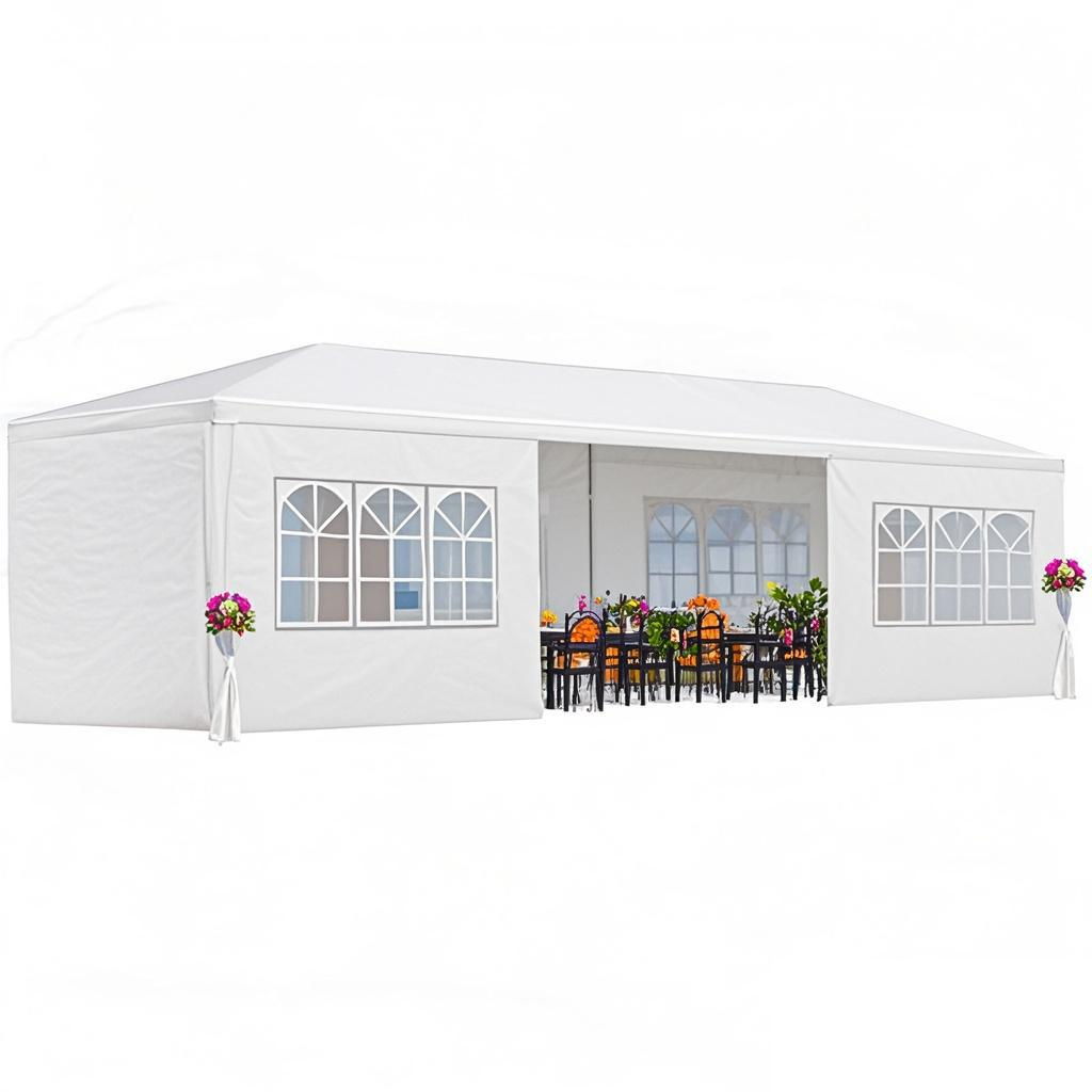 A 10x20' Outdoor Garden Gazebo Wedding Party Tent Canopy Marquee with removable sidewalls, featuring elegant arched windows and decorated with flower arrangements at the corners, has a long table and chairs set up inside.