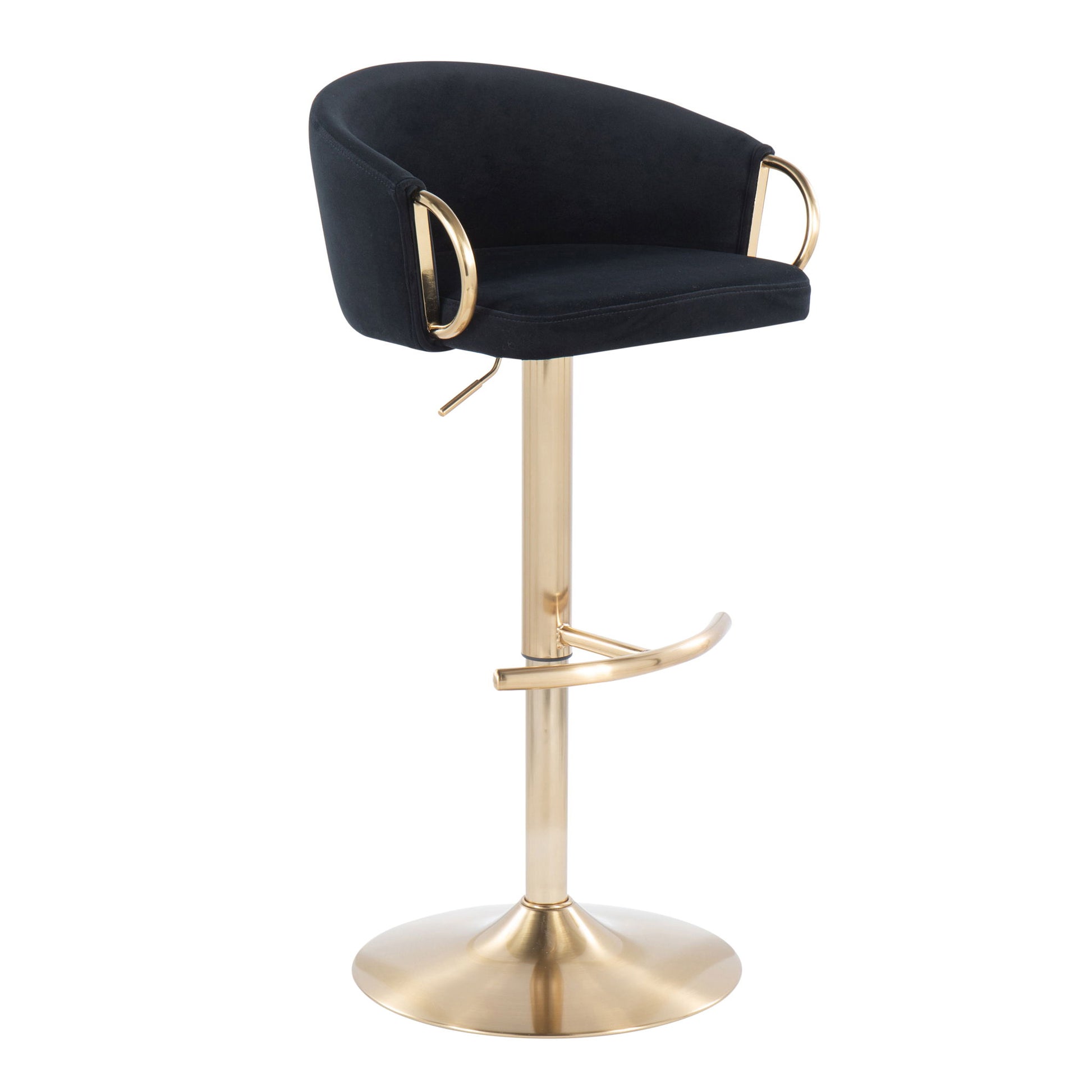 The Claire Adjustable Bar Stool (Set of 2) features a black cushioned seat, curved backrest, gold metal armrests, and a gold pedestal base with footrest for a contemporary glam look.