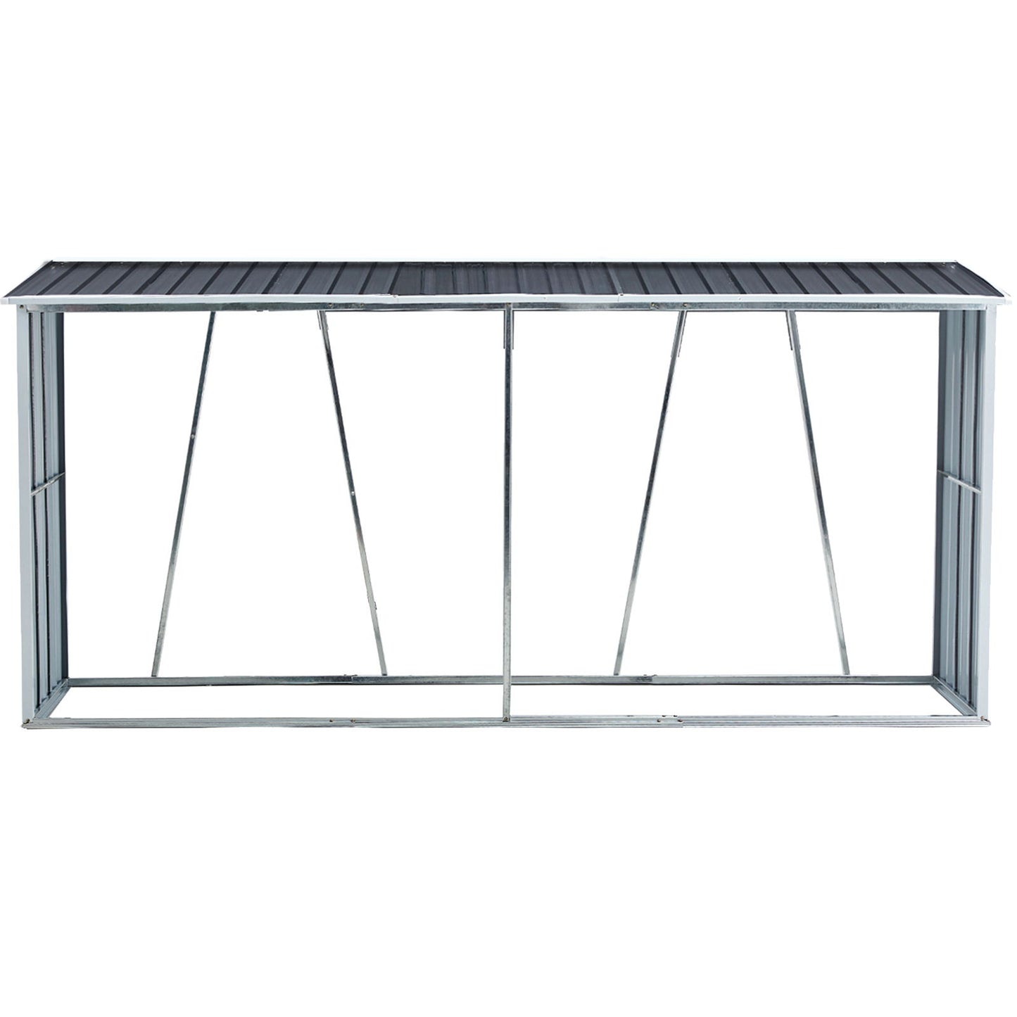The Firewood Rack, Log Holder With Roof is a galvanized steel outdoor log storage stand with a corrugated roof and open sides, designed to keep firewood dry and organized in your backyard, garden, patio, or porch.