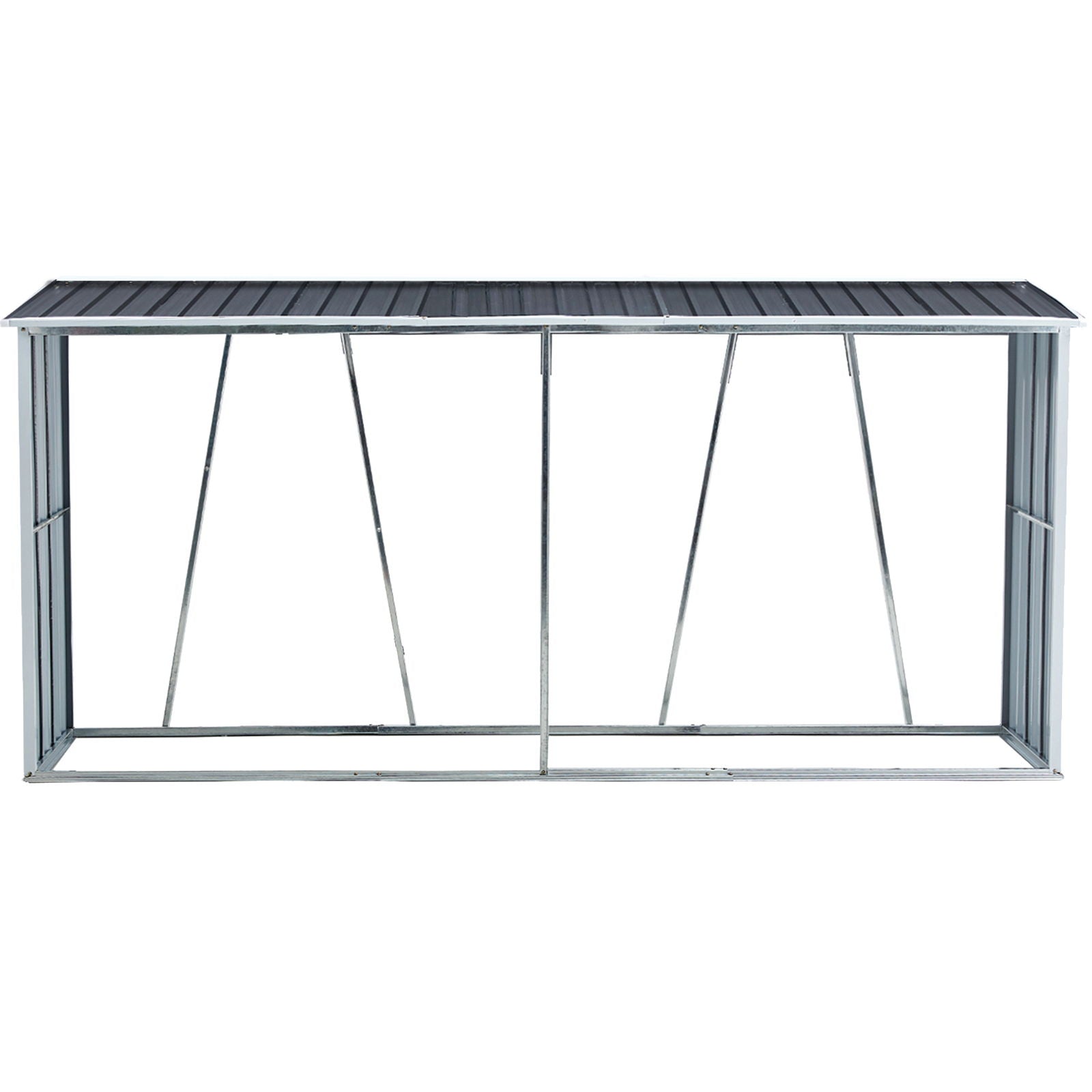 The Firewood Rack, Log Holder With Roof is a galvanized steel outdoor log storage stand with a corrugated roof and open sides, designed to keep firewood dry and organized in your backyard, garden, patio, or porch.