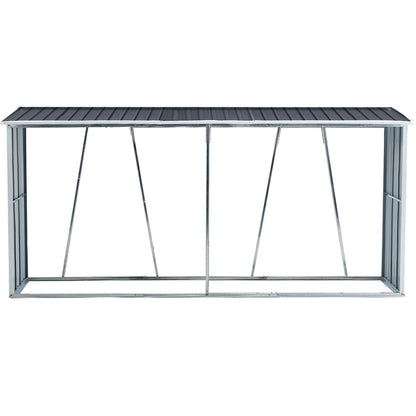 The Firewood Rack, Log Holder With Roof is a galvanized steel outdoor log storage stand with a corrugated roof and open sides, designed to keep firewood dry and organized in your backyard, garden, patio, or porch.
