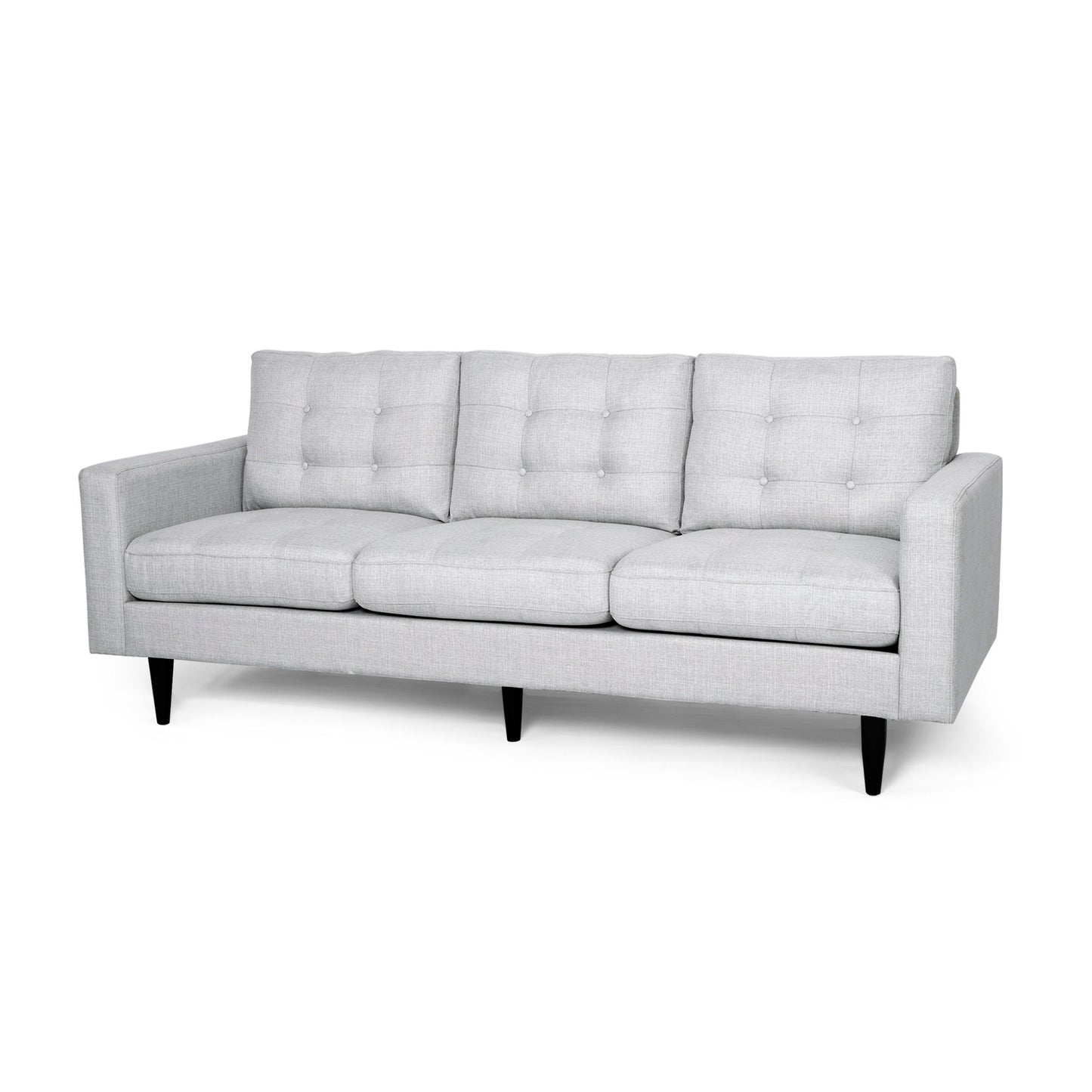 The Jenny - Contemporary Tufted Fabric 3 Seater Sofa features a modern light gray design with square tufted cushions, straight arms, and black angled legs, shown against a white background.