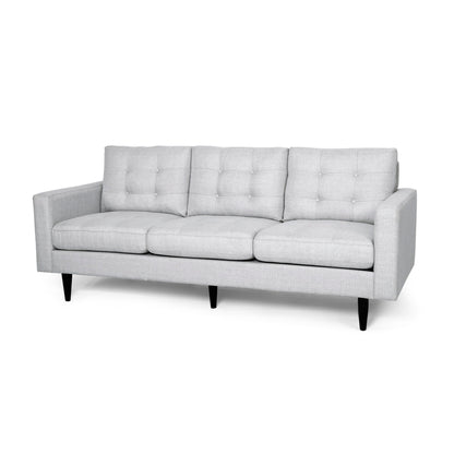 The Jenny - Contemporary Tufted Fabric 3 Seater Sofa features a modern light gray design with square tufted cushions, straight arms, and black angled legs, shown against a white background.