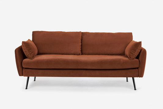 The Park Sofa is a modern brown fabric sofa featuring two seat and back cushions, two matching side pillows, and slim black metal legs, shown against a plain white background.