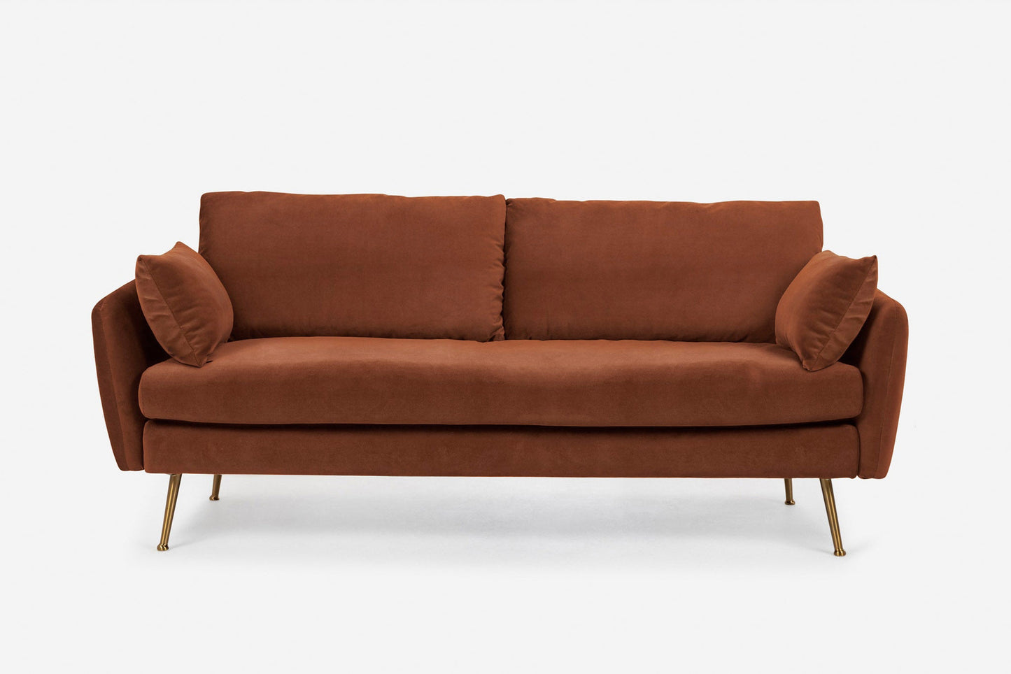 The Park Sofa is a modern brown fabric sofa featuring two seat cushions, two back cushions, two matching side pillows, and slim gold-colored metal legs, shown against a plain white background.