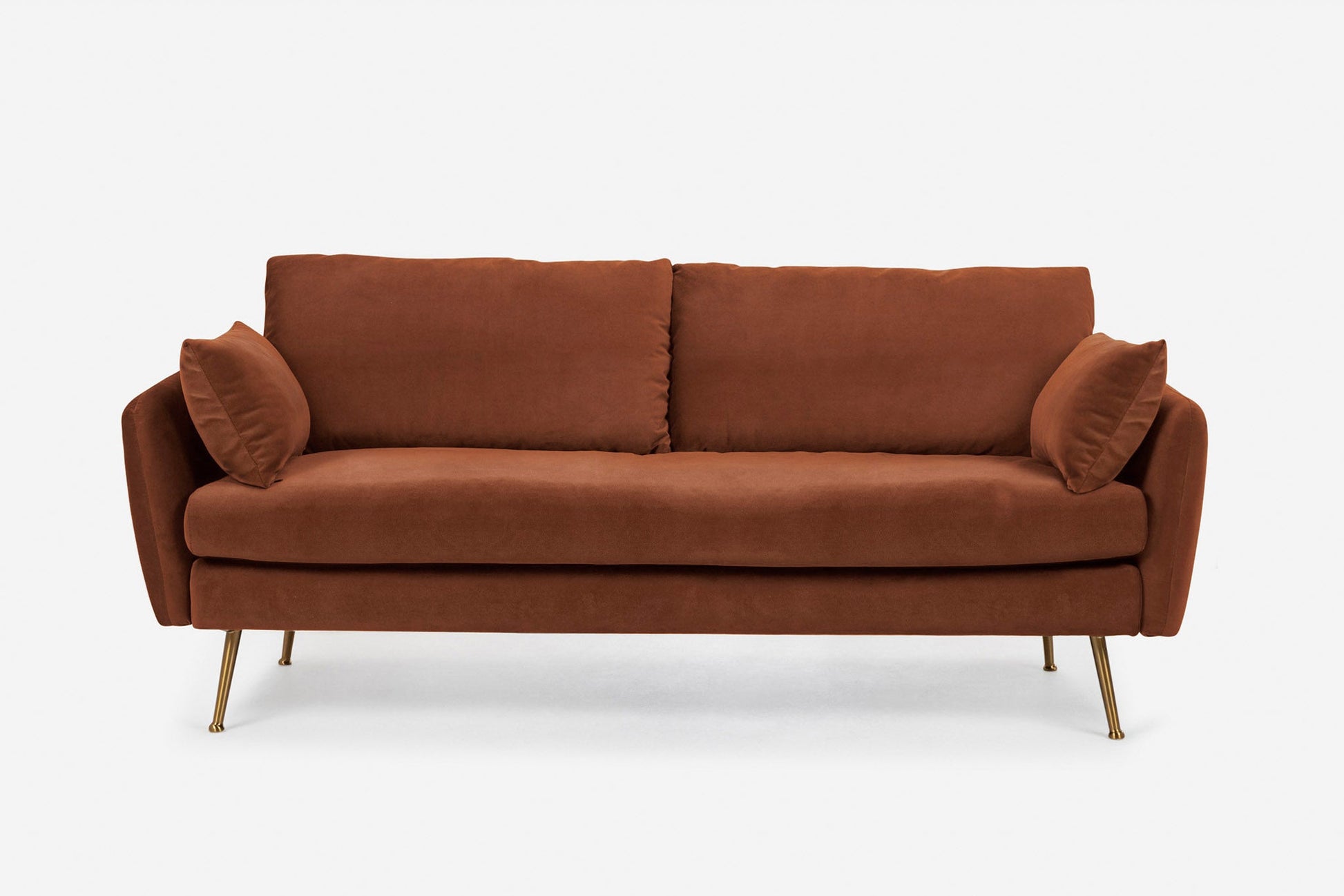 The Park Sofa is a modern brown fabric sofa featuring two seat cushions, two back cushions, two matching side pillows, and slim gold-colored metal legs, shown against a plain white background.