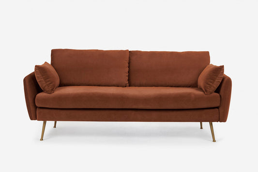 The Park Sofa is a modern brown fabric sofa featuring two seat cushions, two back cushions, two matching side pillows, and slim gold-colored metal legs, shown against a plain white background.