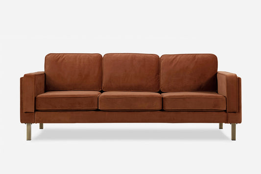 The Albany Sofa is a modern three-seater with brown fabric upholstery, clean straight lines, and metal legs, displayed against a plain white background.